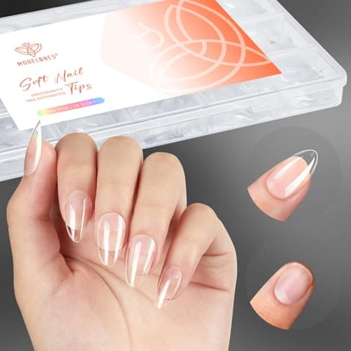 Best Nail Tips #2 from modelones modelones Short Almond Nail Tips, 360pcs Pre-etched Clear Soft Press On Fake Nails Full Cover Half Matte Acrylic Gel Tips Extension for Salon & Home Use 15 Sizes