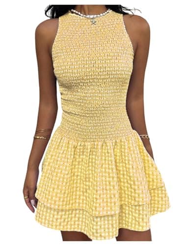 Best Yellow Dresses for Women #1 from Floerns Floerns Women's Gingham Sleeveless Mini Dress Tiered Ruffle Smocked Vacation A Line Dresses Yellow Medium