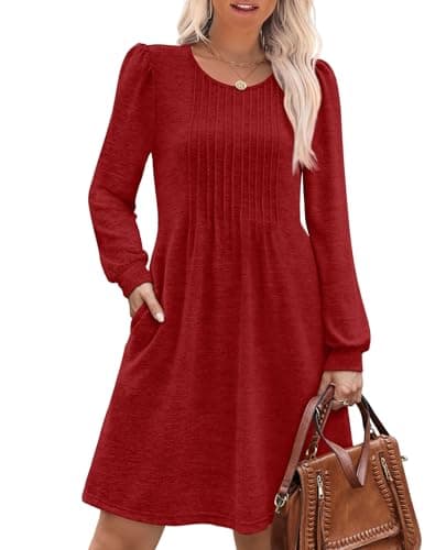Best Red Dresses for Women #9 from OFEEFAN OFEEFAN Christmas Dresses for Women Sweater Dresses for Women 2025 Casual Long Sleeve Dress Pleated Fall Winter Dresses with Pockets Red L