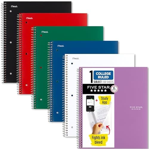 Best Spiral Notebooks #1 from Five Star Five Star Spiral Notebook + Study App, 6 Pack, 1 Subject, College Ruled Paper, 8-1/2" x 11", 100 Sheets, Fights Ink Bleed, Water Resistant Cover, Assorted Colors (38052)