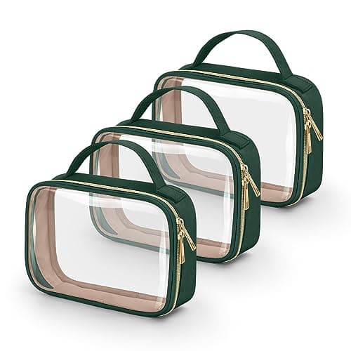 Best Green Makeup Bags #2 from Wedama Wedama TSA Approved Toiletry Bag, 3 Pack Clear Makeup Bags with Handles, Quart Size Clear Toiletry Bags, PVC Cosmetic Bags for Women and Men, Carry on Airport Airlin (Dark Green, 3 Pack, Medium)