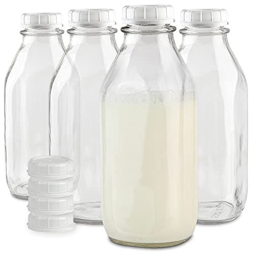 Best Glass Milk Bottles #9 from Stock Your Home Stock Your Home Liter Glass Milk Bottle with Lid (4 Pack) 32 Oz Jugs and 8 White Caps, Reusable Food Grade Container for Refrigerator, Juice, Oat or Plant Milks, Water, Honey