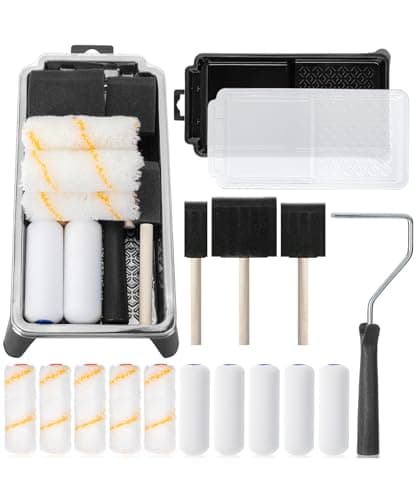 Best Paint Roller Sets #10 from Bates Choice Bates- 4 Inch Paint Roller Set, 18 pcs, 1x Plastic Paint Tray, 3X Disposable Tray Liners, 1x Roller Frame, 5X Foam Covers, 5X Microfiber Covers, 3X Foam Brushes (1", 2", 3")