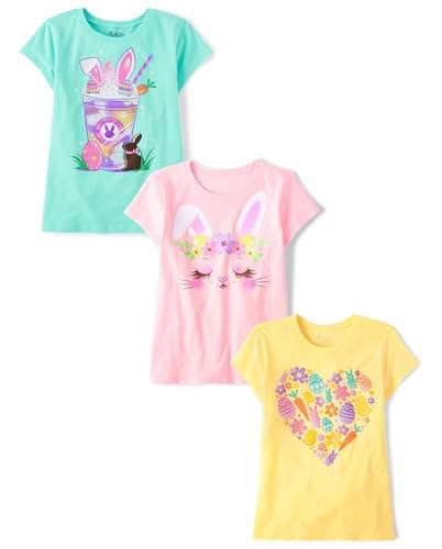 Best Easter Clothes for Kids #7 from The Children's Place The Children's Place,Girls,All Holidays Short Sleeve Graphic T-Shirts,Multipacks,Milkshake/Bunny Face/Easter Heart 3-Pack,Large