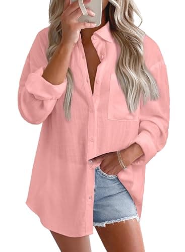 Best Breathable Linen Shirts for Summer #4 from Astylish Astylish Women's Loose Fit Business Casual Tops Spring Summer Cotton Linen Button Down Shirts Roll Up Long Sleeve V Neck Trendy Breathable Soft Blouses Beach Vacation Essentials Light Pink Medium