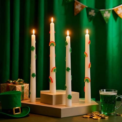 Best Green Candles #4 from Lounsweer Lounsweer 4 Pcs St. Patrick's Day Dripless Taper Candles 10 Inch Shamrock and Rainbow Unscented 3D Relief Candle Sticks Clover Saint Patricks Candle Gift Holiday Decor for Dinner Table Irish Party