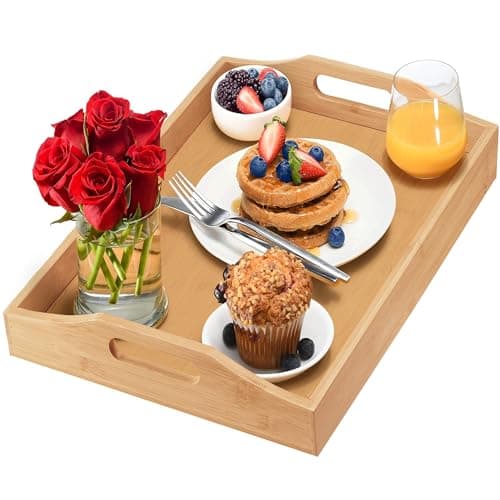 Best Serving Trays with Handles #4 from HOME IT Tray with Large Handles - Bamboo Ottoman Tray, Great for Coffee Table, Couch, Tea, Bar, Breakfast, Dinner, or Any Food - Good for Parties or Bed for Eating (Home It)