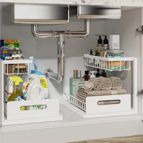 Best Under Sink Cabinet Organizers #8 from REALINN REALINN Under Sink Organizer, Pull Out Cabinet Organizer 2 Tier Slide Out Sink Shelf Cabinet Storage Shelves, Storage for Kitchen Bathroom, White, 2 Pack
