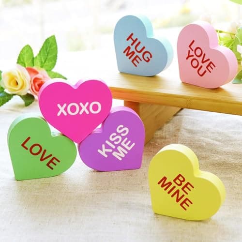 Best Valentine's Day Decors #6 from Treory Valentines Day Decorations, 6 Pcs Candy Conversation Hearts Wooden Table Decor Signs, Durable Tiered Tray Decoration Set, Classic Galentines Day Decorations for the Home Office Mantel Shelf Gift