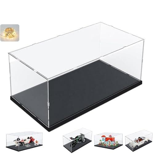 Best Clear Acrylic Display Cases #2 from ELEpure Thickened Clear Acrylic Display Case for Lego 10330 43268 76450 42170 10295 10353 Collectibles, Transparent Box Dustproof Protection with Wood-Plastic Base & String Light, Black Inside 15.7x7.9x7.9in