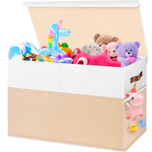 Best Toy Box with Lids #6 from Mabahoo Mabahoo Large Toy Box, Collapsible Sturdy Storage Chest With Lids, Kids Toy Chest Storage Organizer Toddler Bin Boxes for Living Room, Bedroom, Nursery, 25"x13"x16", Beige & White