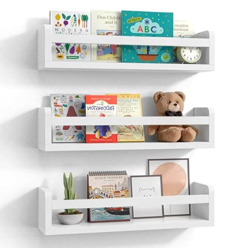 Best Kids Bookshelf for Walls #1 from Lizgaho Lizgaho Floating Wall Nursery Book Shelves for Bedrooms Kids 16.5 Inch White Wooden Baby Book Shelf for Kids Rooms Set of 3 Nursery Shelves for Wall Mounted Toddler Bookshelf for Kids Wall
