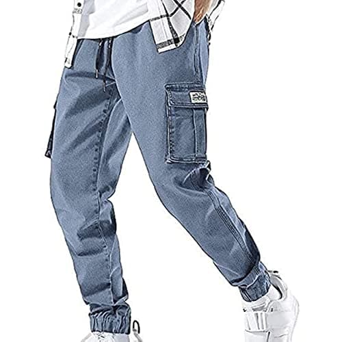 Best Denim Joggers for Men #10 from XYXIONGMAO XYXIONGMAO Streetwear Hip Hop Cargo Joggers Pants for Men Denim Overalls Sports Harness Feet Harlan Casual Trousers (Blue, L)