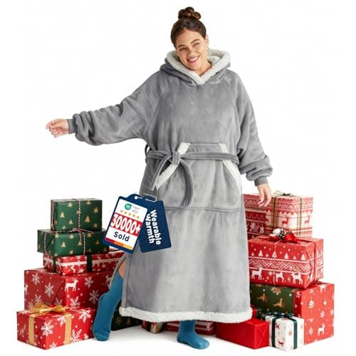 Best Birthday Gifts for Wife #6 from Bedsure Bedsure Wearable Blanket Hoodie, Long Hooded Blanket Sweatshirt as Christmas Birthday Gifts for Women, Cozy Sherpa Hoodie for Adult, Standard, Grey