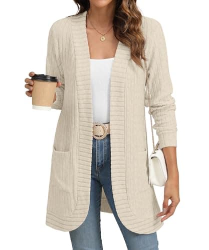 Best Cardigan for Women #4 from YSYOKOW YSYOKOW Women Long Sleeve Open Front Cardigan Casual Lightweight Long Cardigans Loose Knit Outwear with Pockets(Beige, Medium)