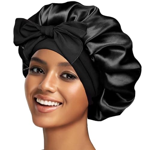 Best Silk Bonnet for Sleeping #3 from Confvrter Silk Bonnet Satin Bonnet for Sleeping Large Bonnets with Tie Band Hair Wrap with Adjustable Straps Hair Cap for Women Curly Black