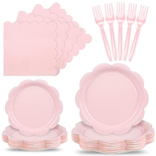 Best Pink Paper Plates #1 from Houuqe Houuqe 96 Pcs Pink Paper Plates and Napkins Set Party Supplies, Tableware set for 24 Guest include Disposable Pink Scalloped Plates, Napkins and Forks for Baby Shower Valentine’s Day Wedding