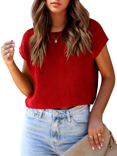 Best Knitted Crop Tops for Summer #10 from Saodimallsu Saodimallsu Womens Cap Sleeve Crop Tops Summer Trendy Going Out Crew Neck Loose Knit Cropped Sweater Vest Tank Top Red