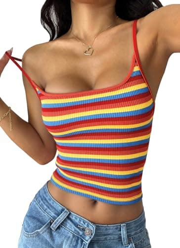 Best Knitted Crop Tops for Summer #3 from PRETTYGARDEN PRETTYGARDEN Women Summer Crop Tops Sleeveless Spaghetti Strap Tank Striped Cami Knit Y2K Clothes Slim Fit Spring Shirts(Red,Medium)