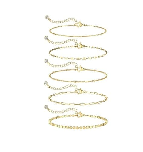 Best Gold Bracelets for Women #6 from MBW Dainty 14K Gold Plated Bracelets for Women, Stackable Satellite Paperclip Lip Bracelet Set Tiny Lip Dot Chain Box Link for Handmade Gift Minimalist Cute Trendy Jewelry Gold Accessories for Women