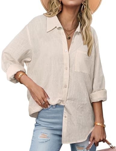 Best Linen Shirts for Summer #2 from Zeagoo Zeagoo Cotton Button Down Shirt Women Gauze Tops Casual Summer Camisa De Hilo para Mujer Khaki