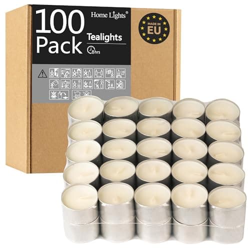 Best White Candles #6 from Home Lights HomeLights Unscented Tealight Candles - 100 Pack, 8hr Smokeless White Votive Candles for Shabbat, Weddings, Home Decor