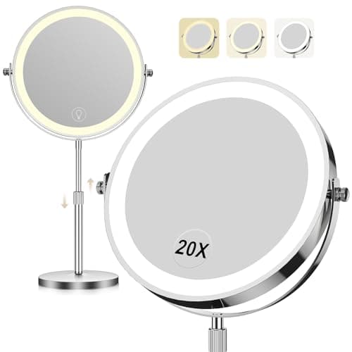 Best Makeup Mirrors #1 from Dienmern Makeup Mirror with Lights, 1x/20x 360° Rotation Vanity Mirror, Brightness Adjustable Lighted Makeup Mirror with Magnification, 5000 mAh Rechargeable Double Sided Mirror with 3 Colors, Gift for Women