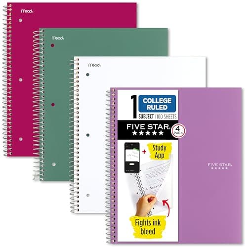 Best Spiral Notebooks #3 from Five Star Five Star Spiral Notebook + Study App, 100 Sheets, 1 Subject, College Ruled Paper, Fights Ink Bleed, Water Resistant Cover, 820337-ECM, Purple, Pink, White & Green, 8-1/2" x 11", 4 Pack