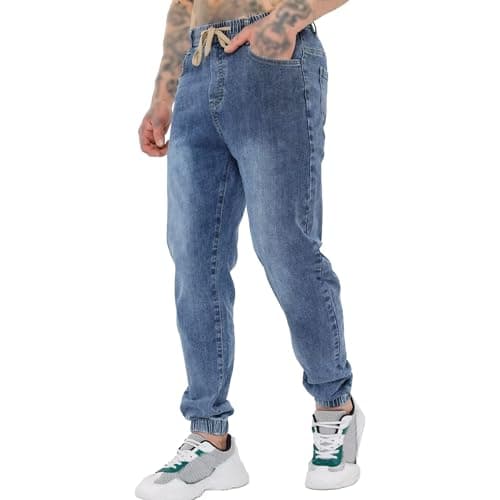 Best Denim Joggers for Men #8 from RegaliaKun RegaliaKun Men's Drop Crotch Joggers Denim Jean Pants Elastic Waist Belt High Waist 2025 Trendy Trousers Blue Large