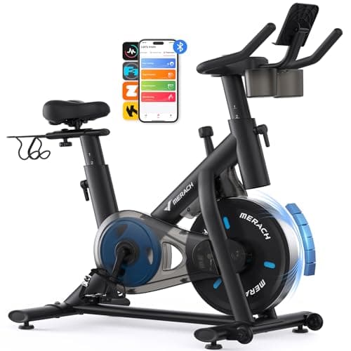 Best Exercise Bikes #8 from MERACH Merach Exercise Bike, Brake Pad/Magnetic Stationary Bike with Exclusive App, Low Noise Indoor Cycling Bike with 270LBS Weight Capacity, Dumbbell Rack and Fitness Courses for Weight Loss