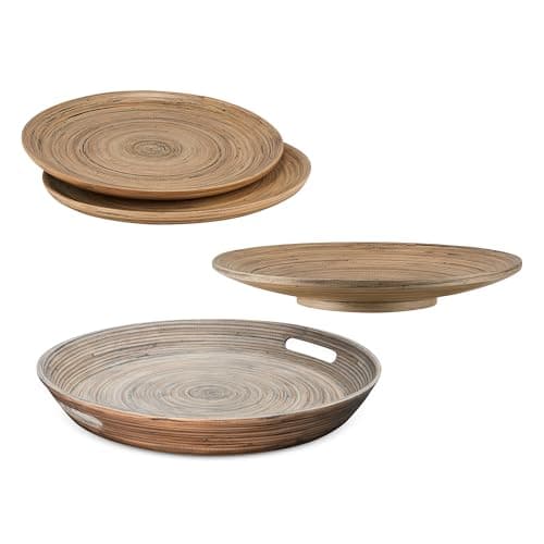 Best Serving Trays with Handles #2 from LEXA LEXA 4-Piece Handcrafted Bamboo Serving Set, Extra-Large 16” Tray with Handles, Two 12” Serving Plates & 12” Footed Plate, Spun Bamboo Entertaining Set, Artisan-Made for Serving & Home Décor (Black)