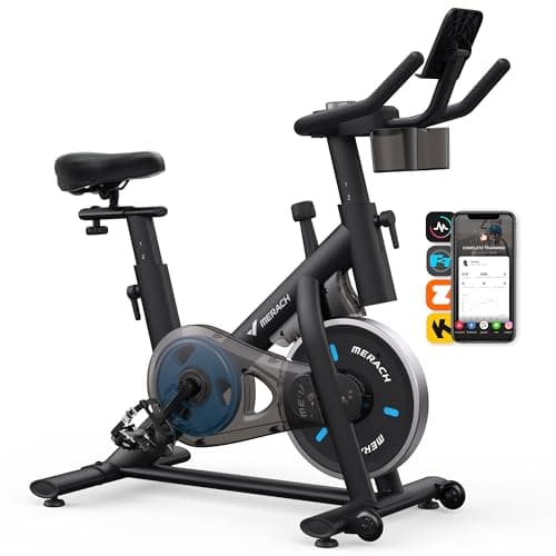 Best Exercise Bikes #9 from MERACH MERACH Exercise Bike, Brake Pad Stationary Bike with Exclusive App, Low Noise Indoor Cycling Bike with 300lbs Weight Capacity, Tablet Mount and Fitness Courses for Weight Loss