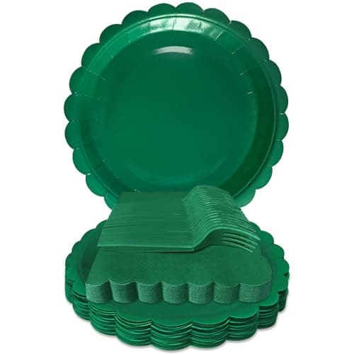 Best Green Paper Plates #7 from WYQJHKV WYQJHKV Dark Green Paper Plates and Napkins,7 Inch Dark Green Scalloped Disposable Dessert Plates Paper Napkin Fork Party Supplies for Wedding Baby Shower Birthday(25 Guest)