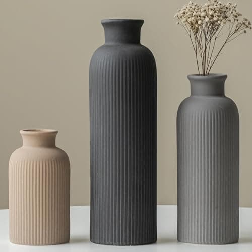 Best Black Ceramic Vases #3 from vaurcesa Modern Ceramic Vase Set, Black Ribbed Matte Design, 3-Piece Decorative Vases for Home, Living Room, Office (Black Mix)