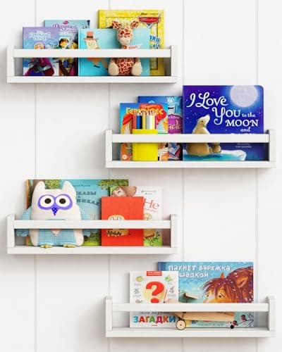 Best Kids Bookshelf for Walls #3 from Forbena Forbena Floating Nursery Book Shelves for Wall Set of 4, White Wall Bookshelf for Kids Room, Small Wood Book Shelf Bookshelves for Baby Teen Boys Girls Bedoom Bathroom Toy and Decor Storage
