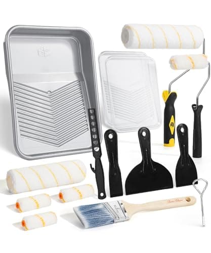 Best Paint Roller Sets #8 from Bates Choice Bates- 9 Inch Paint Roller Kit, 17 pcs, Plastic Paint Tray, Clear Disposable Tray Liners, 4" & 9" Roller Frame, Roller Covers 4" & 9", Angle Brush, Plastic Scrappers, Can Opener and Stirring Rod