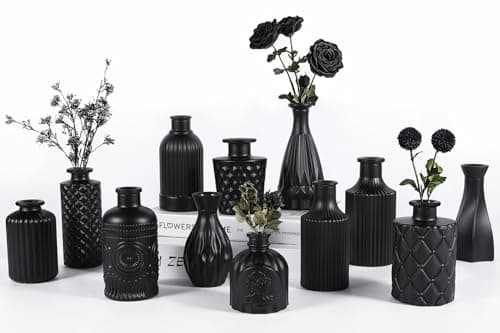 Best Black Vases #4 from TBWIND TBWIND 12pcs Glass Black Bud Vases Set, Small Vases for Flowers, Bud Vase for Centerpieces in Bulk, Mini Vintage Vase for Rustic Wedding Decorations, Office and Home Table Flower Décor