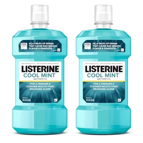 Best Mouthwashes #6 from Listerine Listerine Cool Mint Antiseptic Mouthwash, Kills 99.9% of Germs That Cause Bad Breath, Plaque & Gingivitis, ADA Accepted, Clinically Proven, Cool Mint Flavor, for Adults, 1L Bottles, 2 Pack