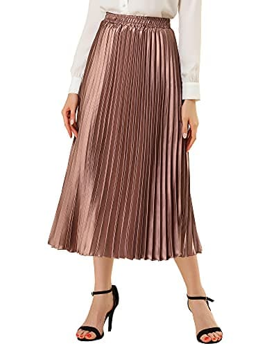 Best Pleated Midi Skirts #9 from Allegra K Allegra K Women Pleated Skirt Midi Length Elastic High Waisted A Line Metallic Shirring Party Skirts Medium Copper