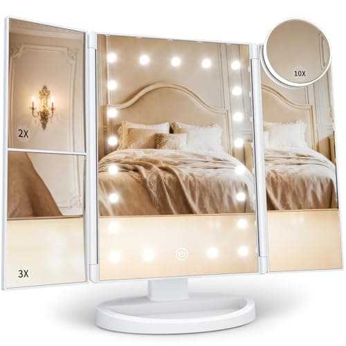 Best Makeup Mirrors #6 from HUONUL HUONUL Makeup Mirror Vanity with Lights, 2X 3X 10X Magnification, Touch Control, Trifold Mirror, Dual Power Supply, Gifts for Women, Wife, Mom, Teengirls(White)