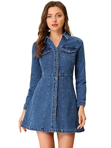 Best Denim Dresses #3 from Allegra K Allegra K Women's Denim Dress Button Down Collar V Neck Long Sleeve A-line Cotton Jean Dress X-Large Blue
