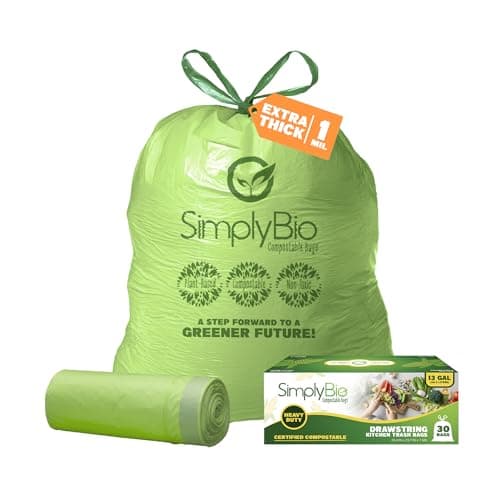 Best Biodegradable garbage bags #9 from Simply Bio Simply Bio 13 Gallon Compostable Trash Bags Liners Drawstring, Heavy Duty Extra Thick 1 Mil, 49.21 Liter, 30 Bags, Tall Kitchen Food Scrap Waste Bag, ASTM D6400, US BPI and OK Compost Home Certified