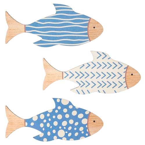 Best Fish Decors #9 from Aeaocvo Aeaocvo 3 Pcs Wooden Fish Wall Decor, Vintage Beach Wall Decor, Blue Fish Sculpture Lake House Hanging Ocean Room Decor for Home Bathroom Bedroom