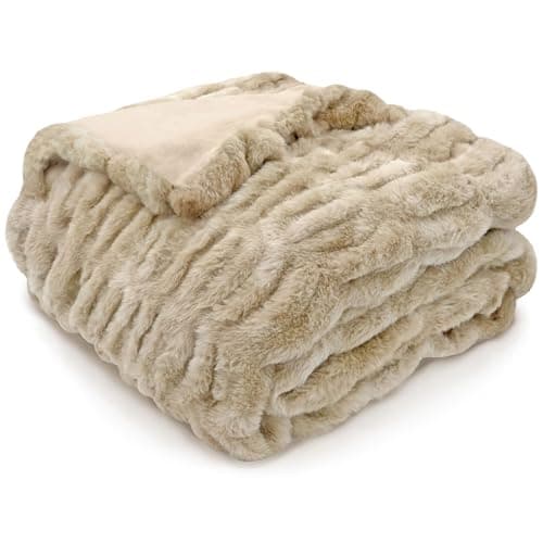 Best Faux Fur Throw Blankets #3 from DEZ FURNISHINGS DEZ FURNISHINGS Reversible Faux Rabbit & Mink Fur Throw Blanket, Ultra Soft, Cozy & Dual-Sided, 50" x 60", Ruched Cream Taupe