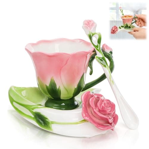 Best Flower Tea Cups #3 from Cididu Cididu Pink Tea Cups with Saucer and Spoon, 4.5 Oz Small Ceramic Rose Flower Tea Cup Set for Women, Hand Crafted Vintage Coffee Latte Mug, Porcelain Fancy Teaware for Christmas Birthday Gift Party