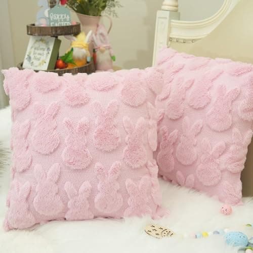 Best Easter Pillow Covers #6 from GEEORY GEEORY Easter Bunny Soft Plush Pillow Covers, 18 x 18 Inch Set of 2, Fluffy Faux Fur Wool Decorative Farmhouse Cushion Case for Sofa Home Decoration Pink GC015-18