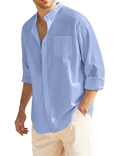 Best Breathable Linen Shirts for Summer #5 from COOFANDY COOFANDY Men's Blue Linen Shirts Long Sleeve Band Collar Button Up Shirt Beach Summer Vacation Top with Pocket