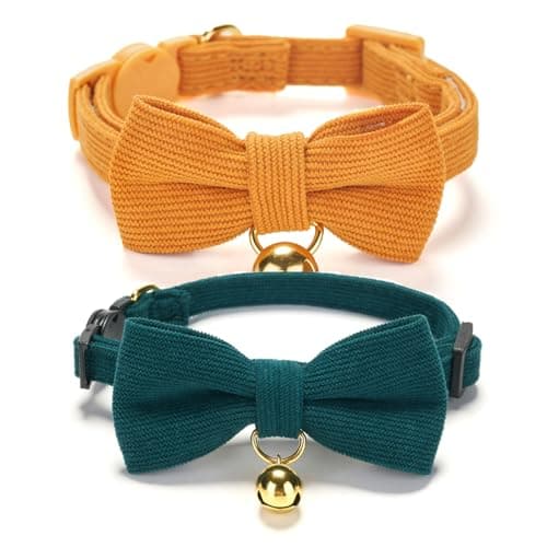Best Cat Collars #1 from Ewinoom Ewinoom 2 Pack Soft Corduroy Cat Collars with Bow Tie & Bell, Adjustable Breakaway Cotton Kitty Bowtie Collar for Girl Boy Kitten (Orange & Green)