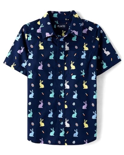 Best Easter Clothes for Kids #2 from The Children's Place The Children's Place,Boys,Short Sleeve Poplin Button Down Shirt,Tidal Bunny,Medium