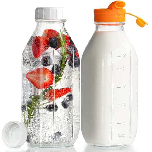 Best Glass Milk Bottles #8 from Dwbligt Dwbligt 32 oz Reusable Glass Milk Bottles with Silicone Dispenser Cap, 2 Pack Glass Jars with Airtight Screw Lid, Leak Proof Juice Bottles with Scale Mark Breastmilk Storage Container for Fridge